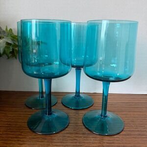 Vintage Scandinavian Style Aquamarine Hand Blown Wine Goblets MCM Set of 4